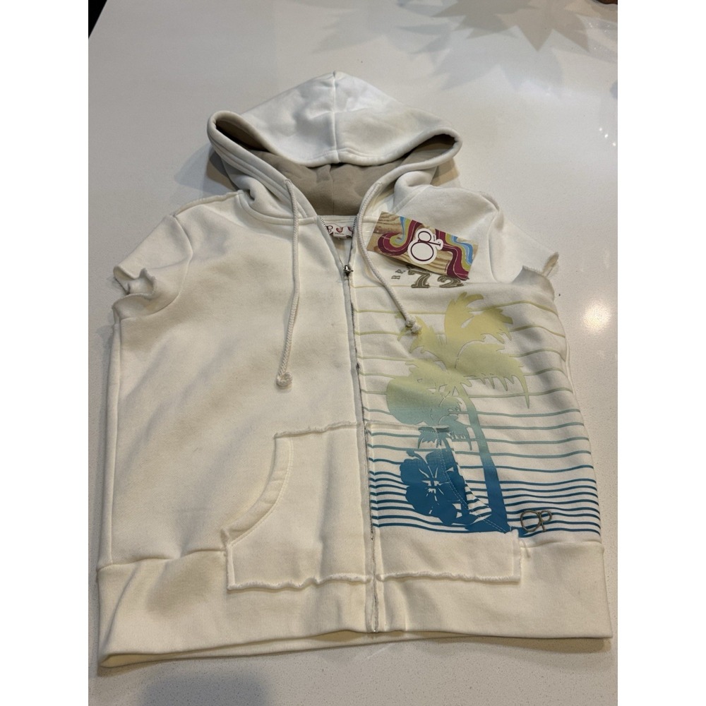 OP Full Zip Cream Vest Hoodie Palm Tree Graphics Womens Large 11/13 New With Tag